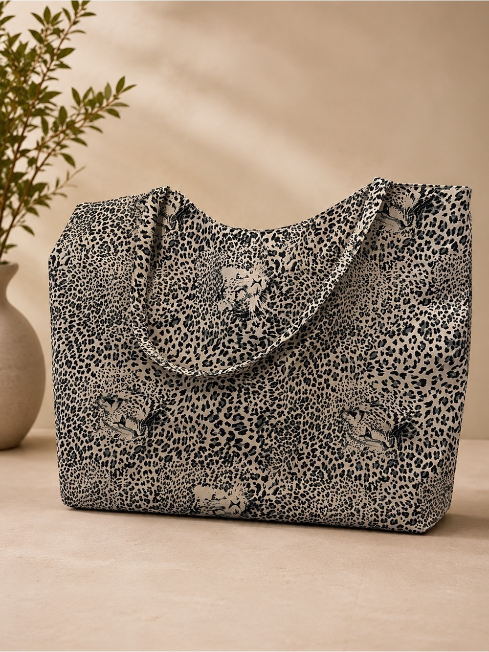 Leopard Print Canvas Tote Bag in Beige and Black - Picture 1 of 1